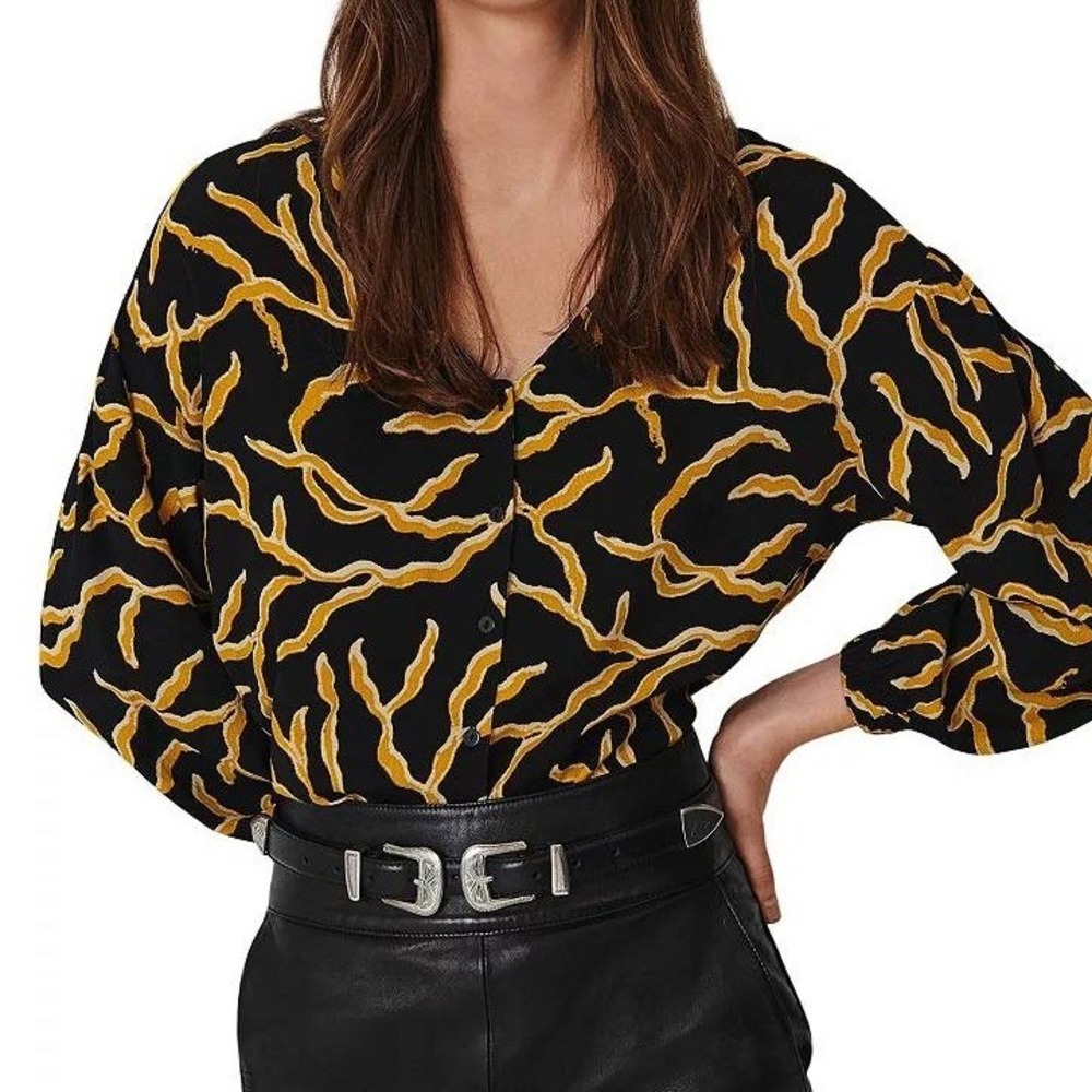 ba&sh Black Gold Clea Printed Blouse Button Up V Neck Size‎ 4